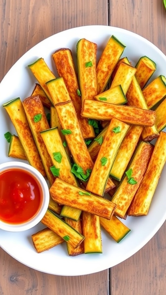 Crispy Air Fryer Zucchini Fries Recipe Crispy zucchini fries on a plate with marinara sauce for dipping.